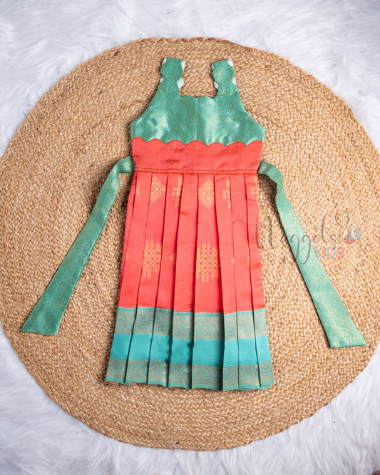 Ready to Ship: Turquoise And Orange Scallop Strapped Sleeveless Pattu Frock