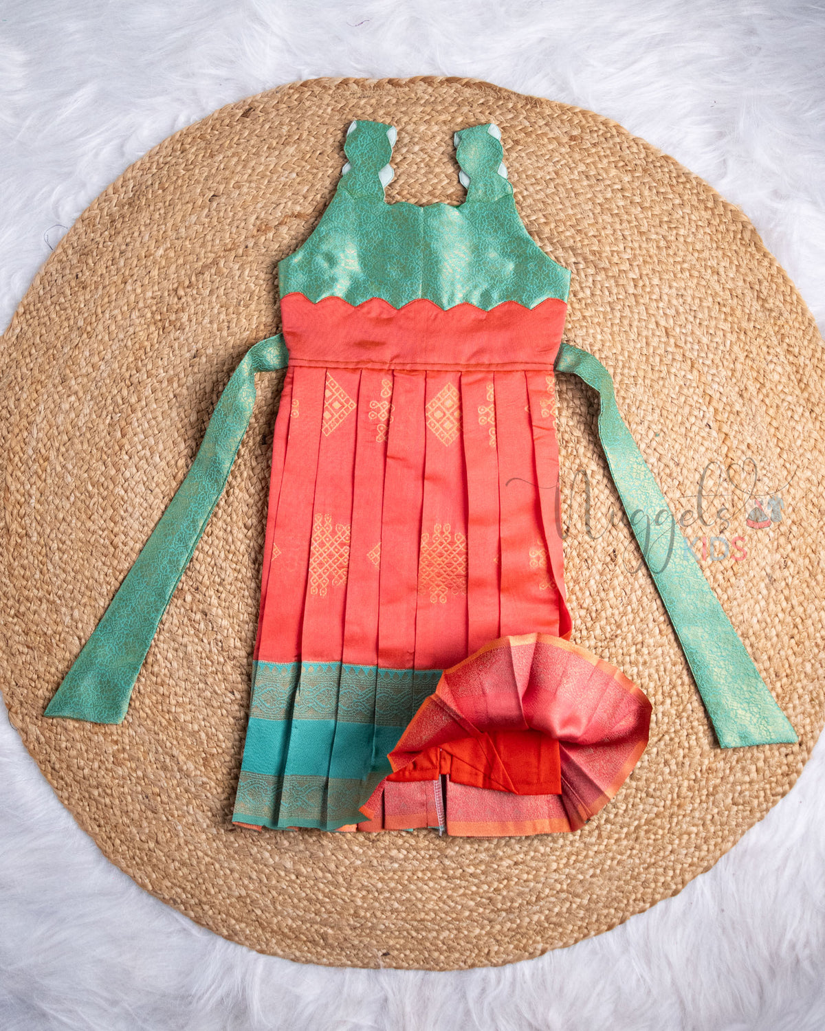 Ready to Ship: Turquoise And Orange Scallop Strapped Sleeveless Pattu Frock