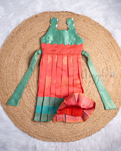 Ready to Ship: Turquoise And Orange Scallop Strapped Sleeveless Pattu Frock