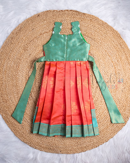 Ready to Ship: Turquoise And Orange Scallop Strapped Sleeveless Pattu Frock