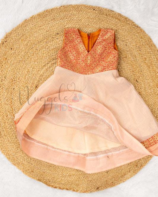 Pre Order: Copper Kasavu A line Frock with Copper Brocade Yoke and Borders