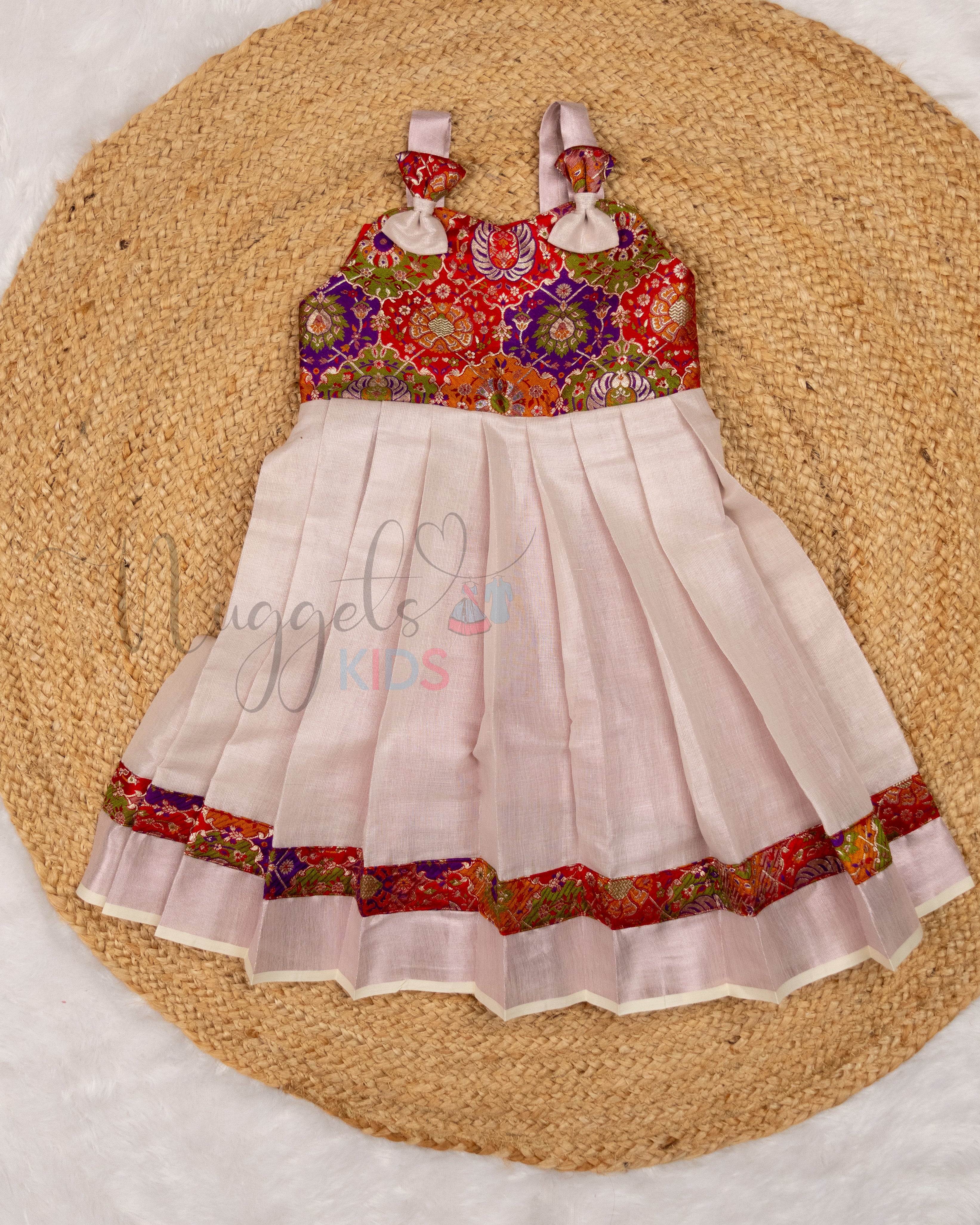 Pre Order Pure Silk Khim Khab Pink Tissue Kasavu Frock with Sweethear Nuggets Kids