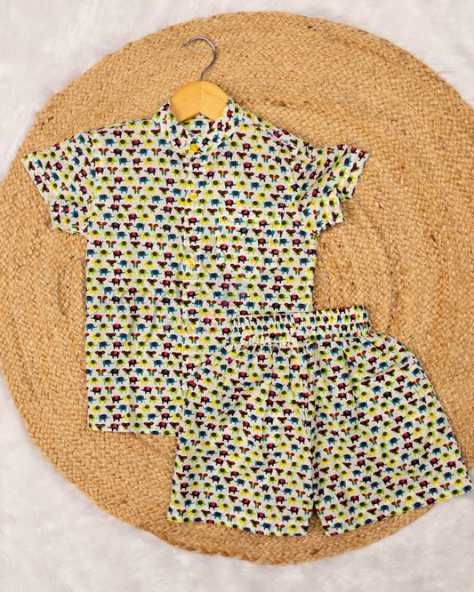 Ready to Ship: White Elephant shirt and Yellow button Pure 100% Cotton Co-ord Set