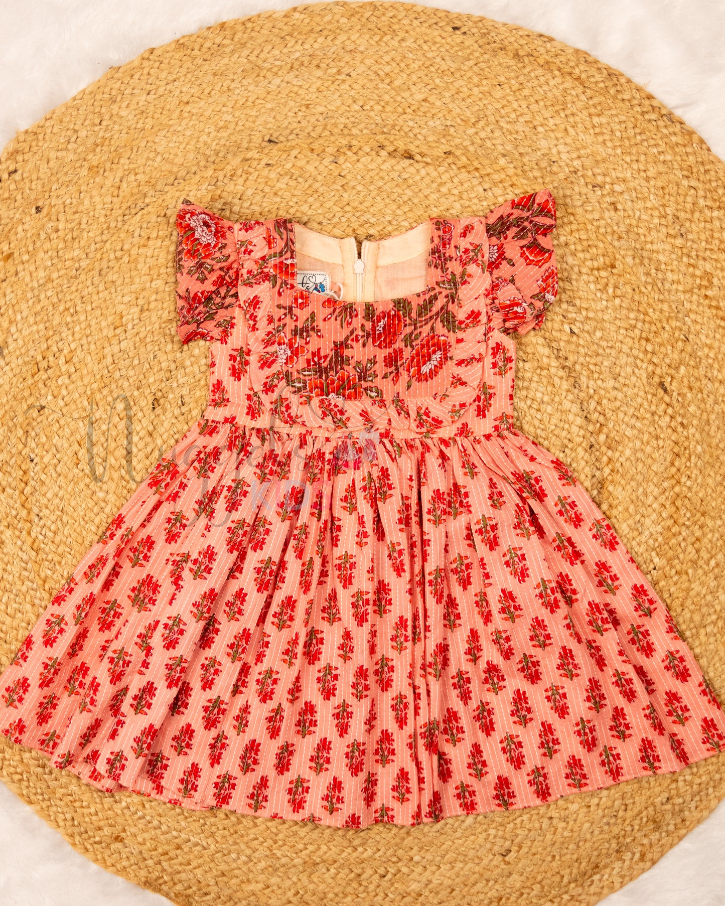 Ready to Ship: Peach Katha Cotton frock with Patchwork Yoke and Ruffle Sleeves