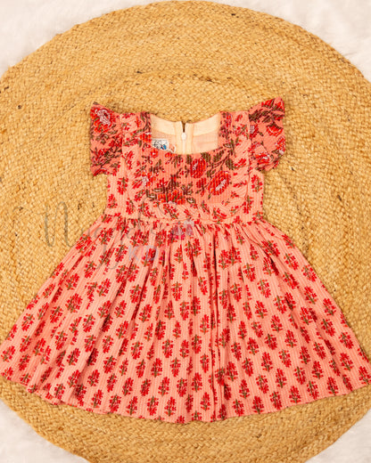 Ready to Ship: Peach Katha Cotton frock with Patchwork Yoke and Ruffle Sleeves