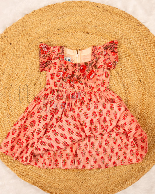 Ready to Ship: Peach Katha Cotton frock with Patchwork Yoke and Ruffle Sleeves