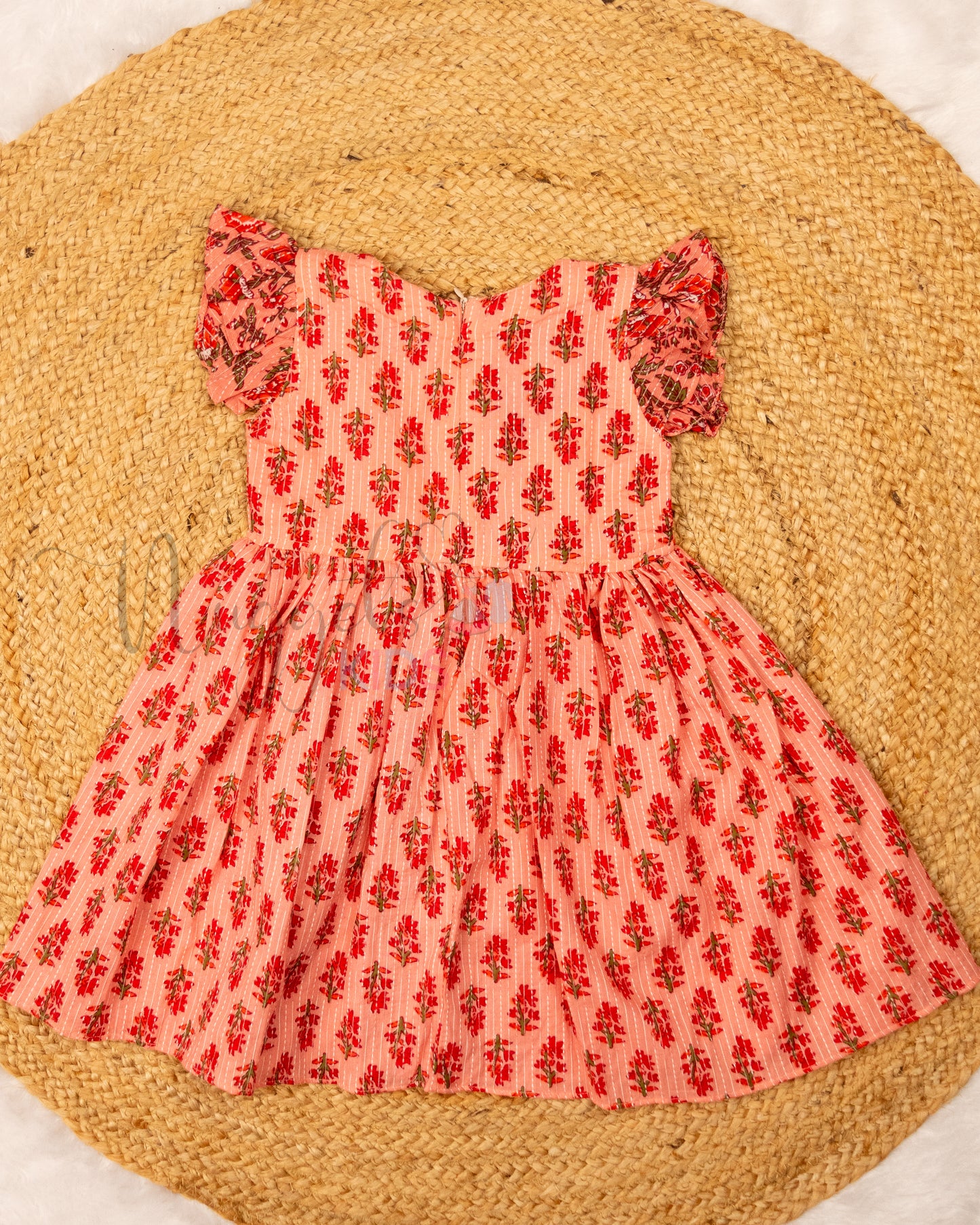 Ready to Ship: Peach Katha Cotton frock with Patchwork Yoke and Ruffle Sleeves