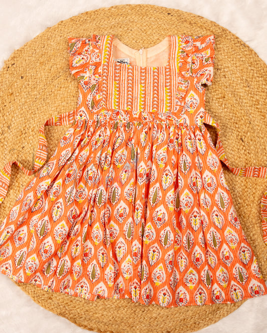 Ready to Ship: Coral Katha Cotton frock with Patchwork Yoke and Ruffle Sleeves