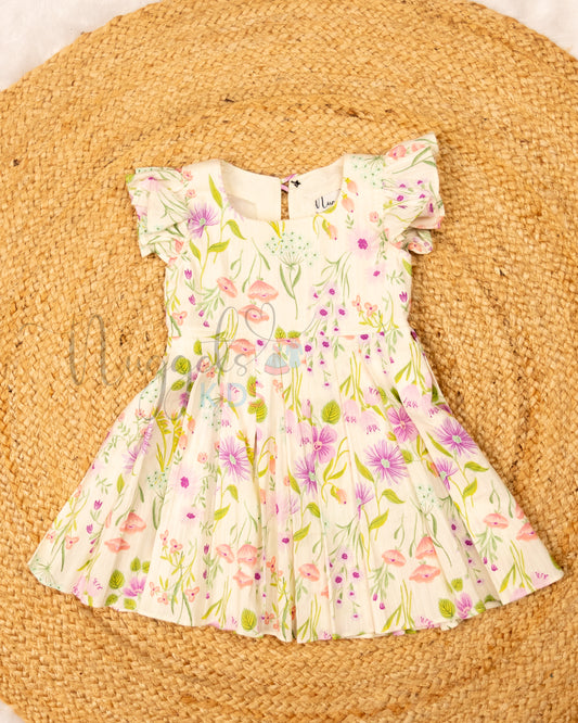 Ready to Ship: Lemon White Floral Linen Cotton frock with ruffle sleeves