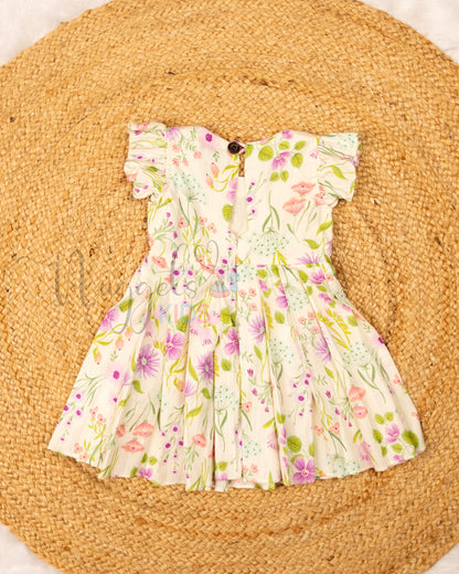 Ready to Ship: Lemon White Floral Linen Cotton frock with ruffle sleeves