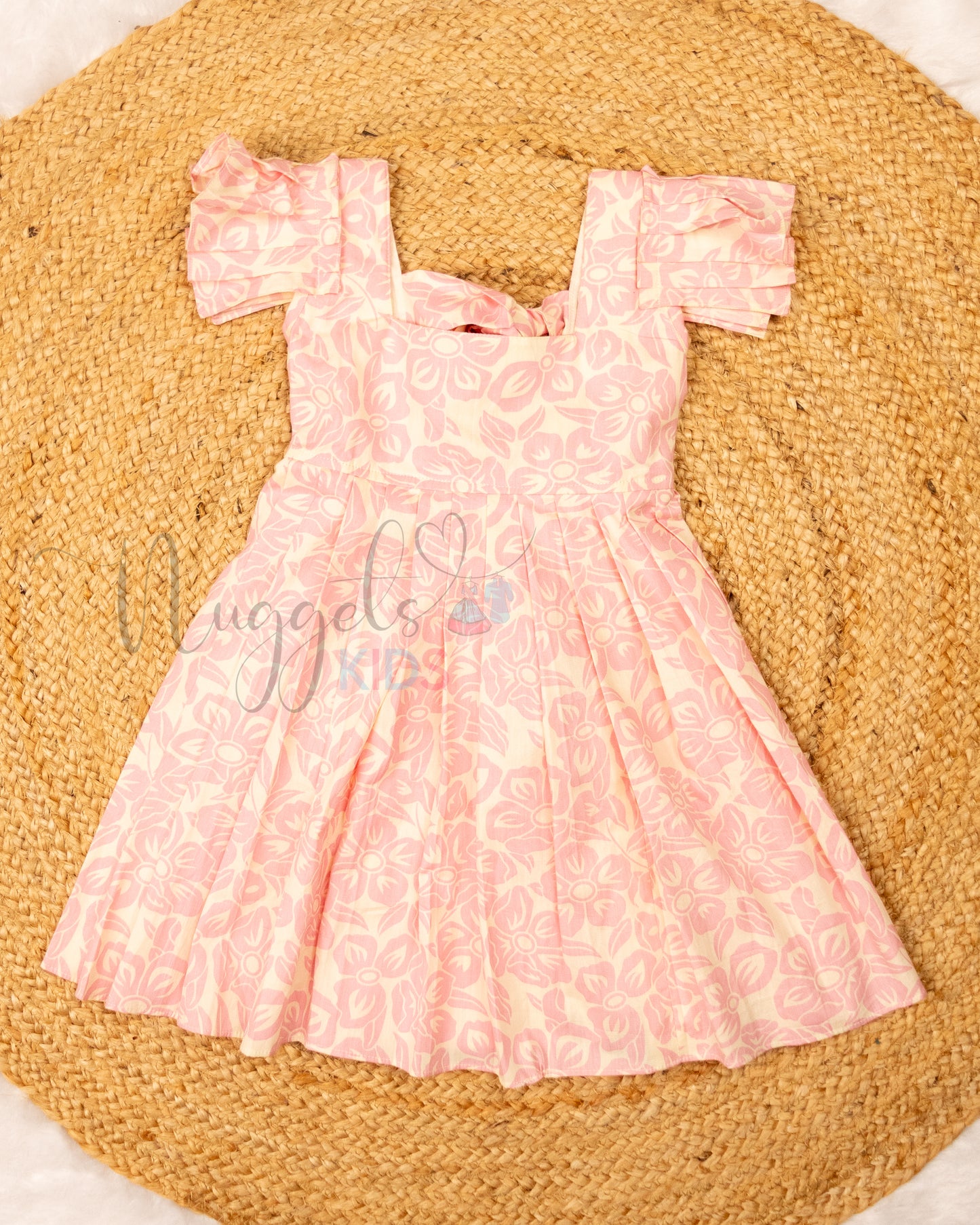 Ready to Ship: Baby Pink Cotton frock with pleated sleeves and elasticated tie-up back