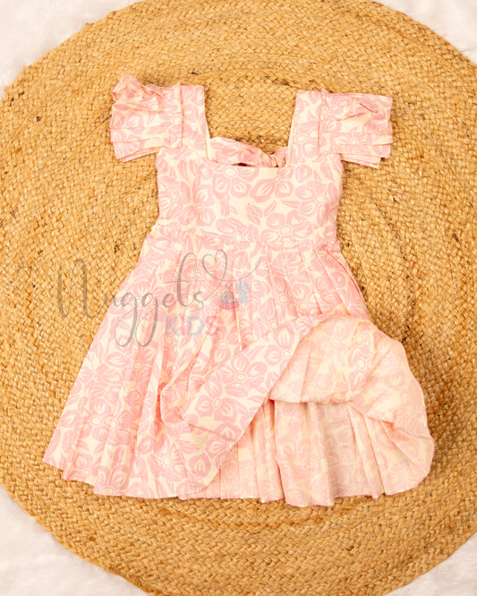 Ready to Ship: Baby Pink Cotton frock with pleated sleeves and elasticated tie-up back