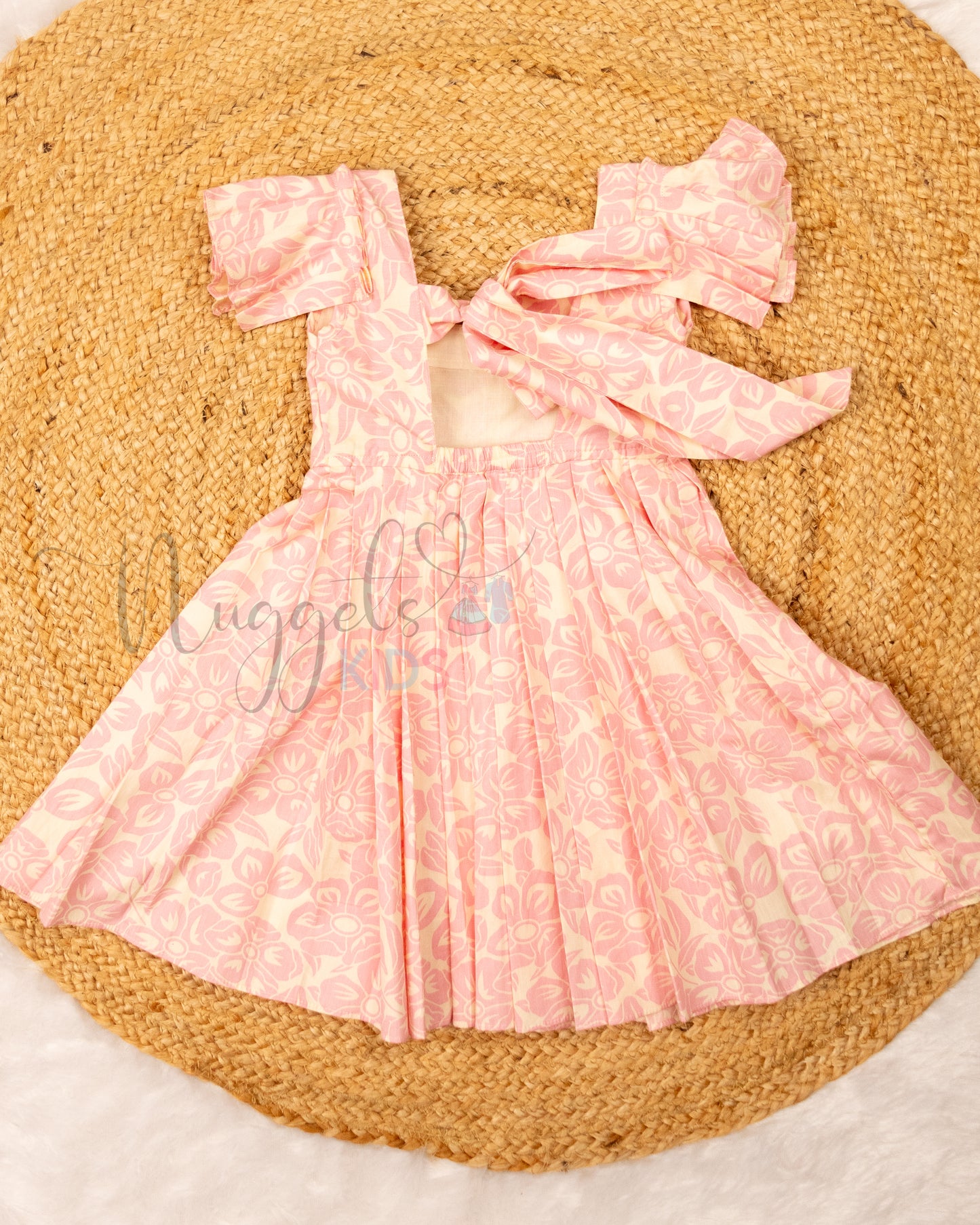 Ready to Ship: Baby Pink Cotton frock with pleated sleeves and elasticated tie-up back