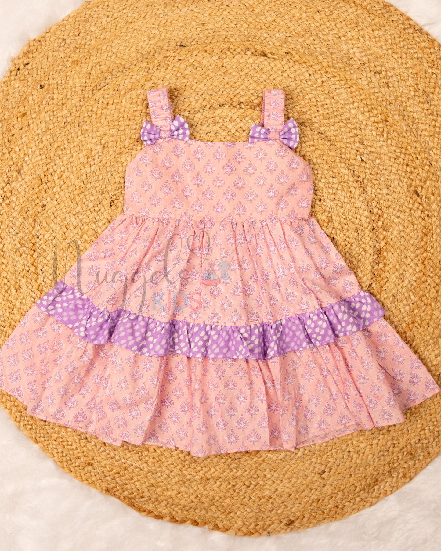 Ready to Ship: Baby Pink and Lavender Layered Sleeveless Frock with Elasticated Strap, bow and frill detailing