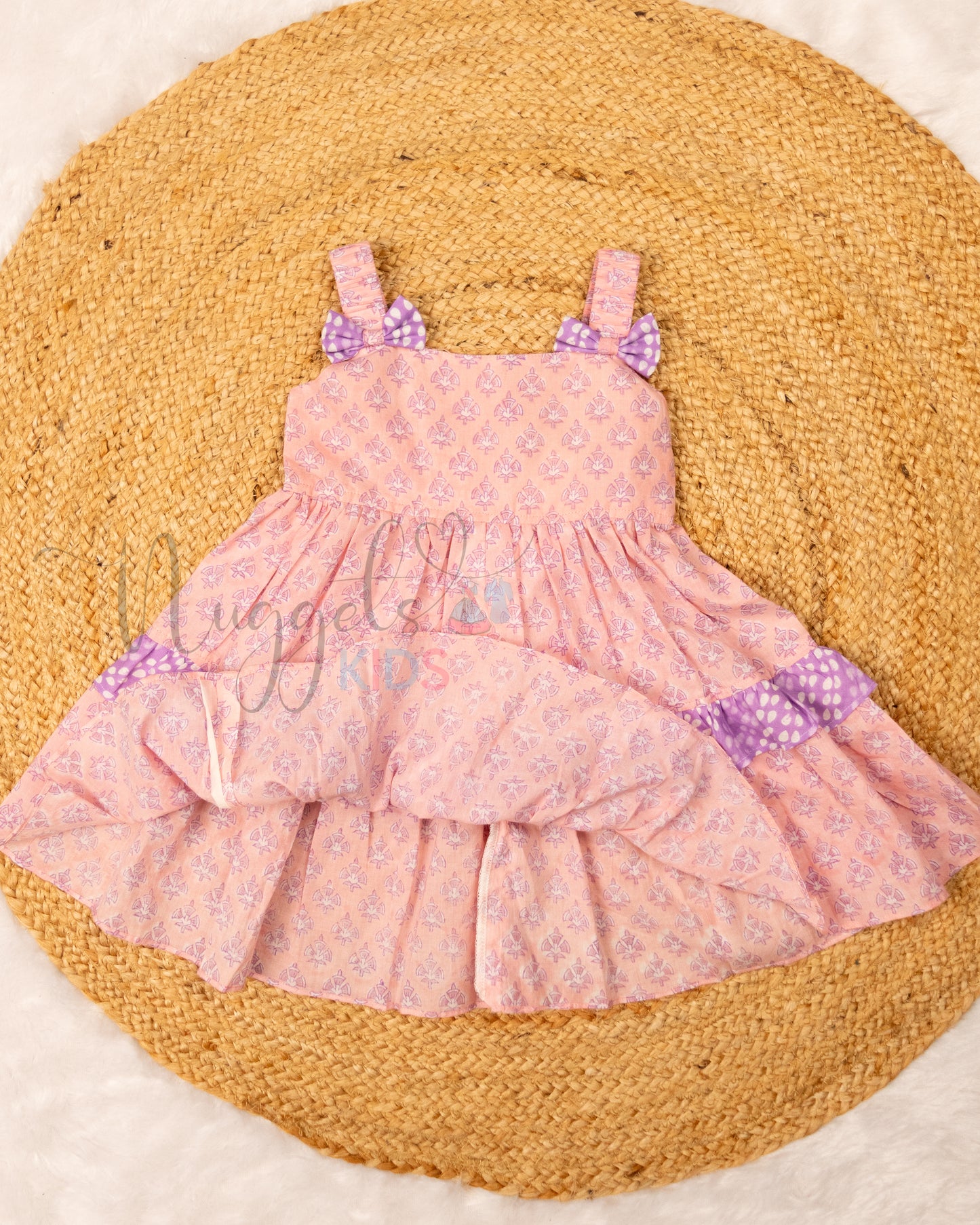 Ready to Ship: Baby Pink and Lavender Layered Sleeveless Frock with Elasticated Strap, bow and frill detailing