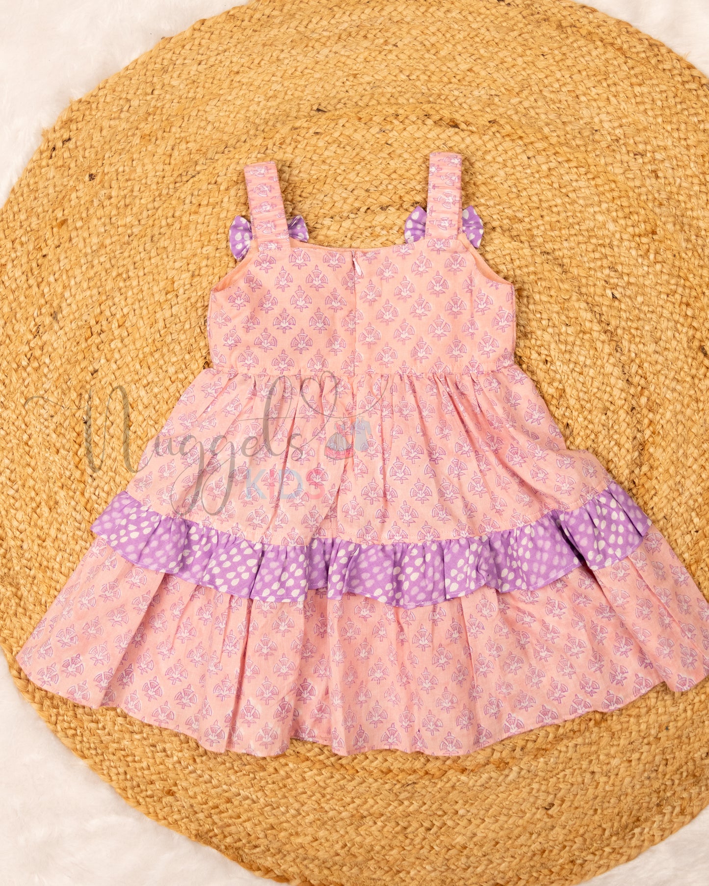 Ready to Ship: Baby Pink and Lavender Layered Sleeveless Frock with Elasticated Strap, bow and frill detailing