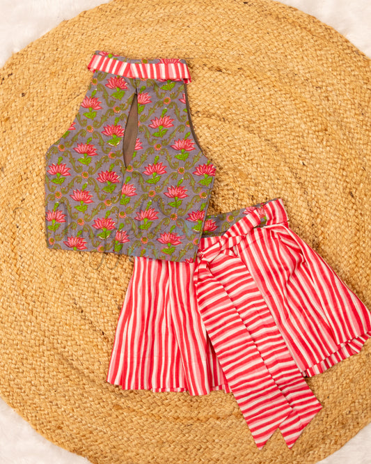 Ready to Ship: Grey and Pink Halter Neck Crop Top with alternating flap and Short Skirt Set