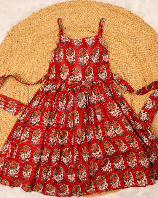 Ready to Ship: Red Katha Strappy Frock with Bow Detailing