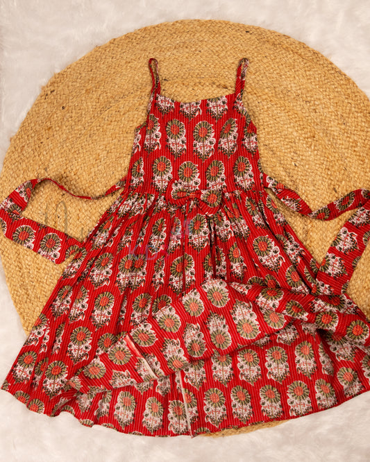 Ready to Ship: Red Katha Strappy Frock with Bow Detailing