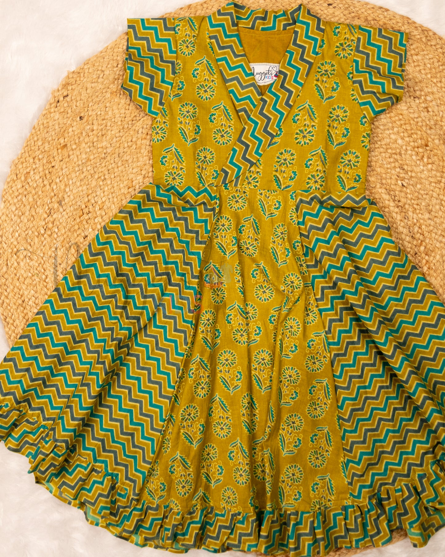 Ready to Ship: Green and Teal Japanese Collar Frock with Tulip Sleeves and Alternating Panels