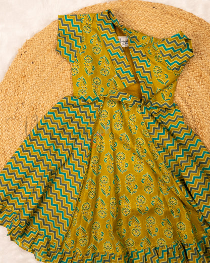 Ready to Ship: Green and Teal Japanese Collar Frock with Tulip Sleeves and Alternating Panels