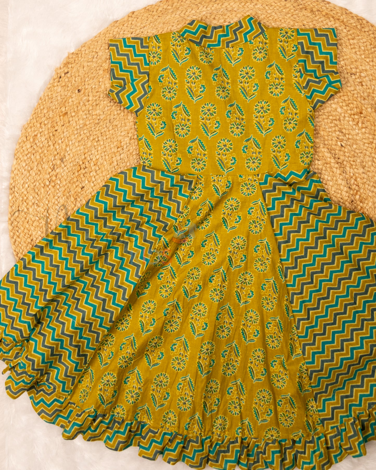 Ready to Ship: Green and Teal Japanese Collar Frock with Tulip Sleeves and Alternating Panels