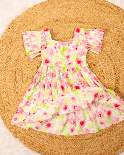 Ready to Ship: Brush Paint Effect Pink and Green Cotton frock with pleated sleeves and elasticated tie-up back