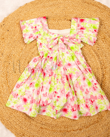 Ready to Ship: Brush Paint Effect Pink and Green Cotton frock with pleated sleeves and elasticated tie-up back