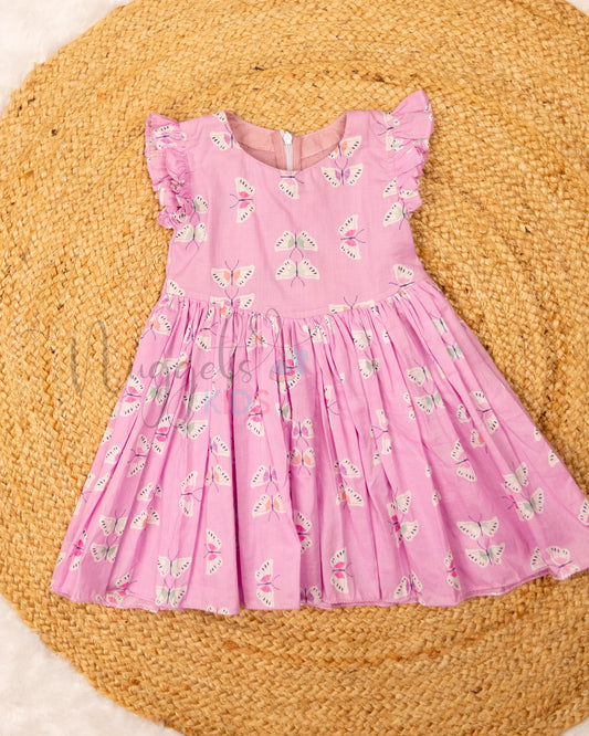 Ready to Ship: Butterfly Printed Baby Pink and Lavender Frock with V shaped yoke and Ruffle Sleeves