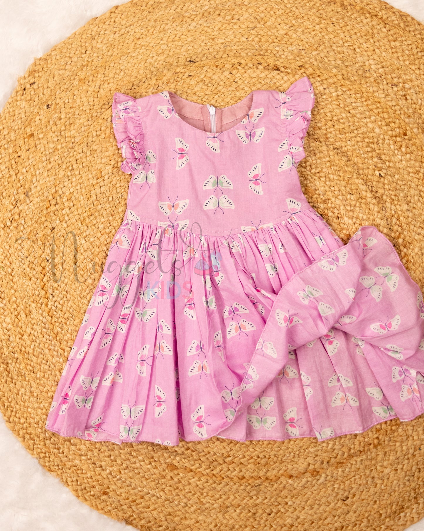 Ready to Ship: Butterfly Printed Baby Pink and Lavender Frock with V shaped yoke and Ruffle Sleeves