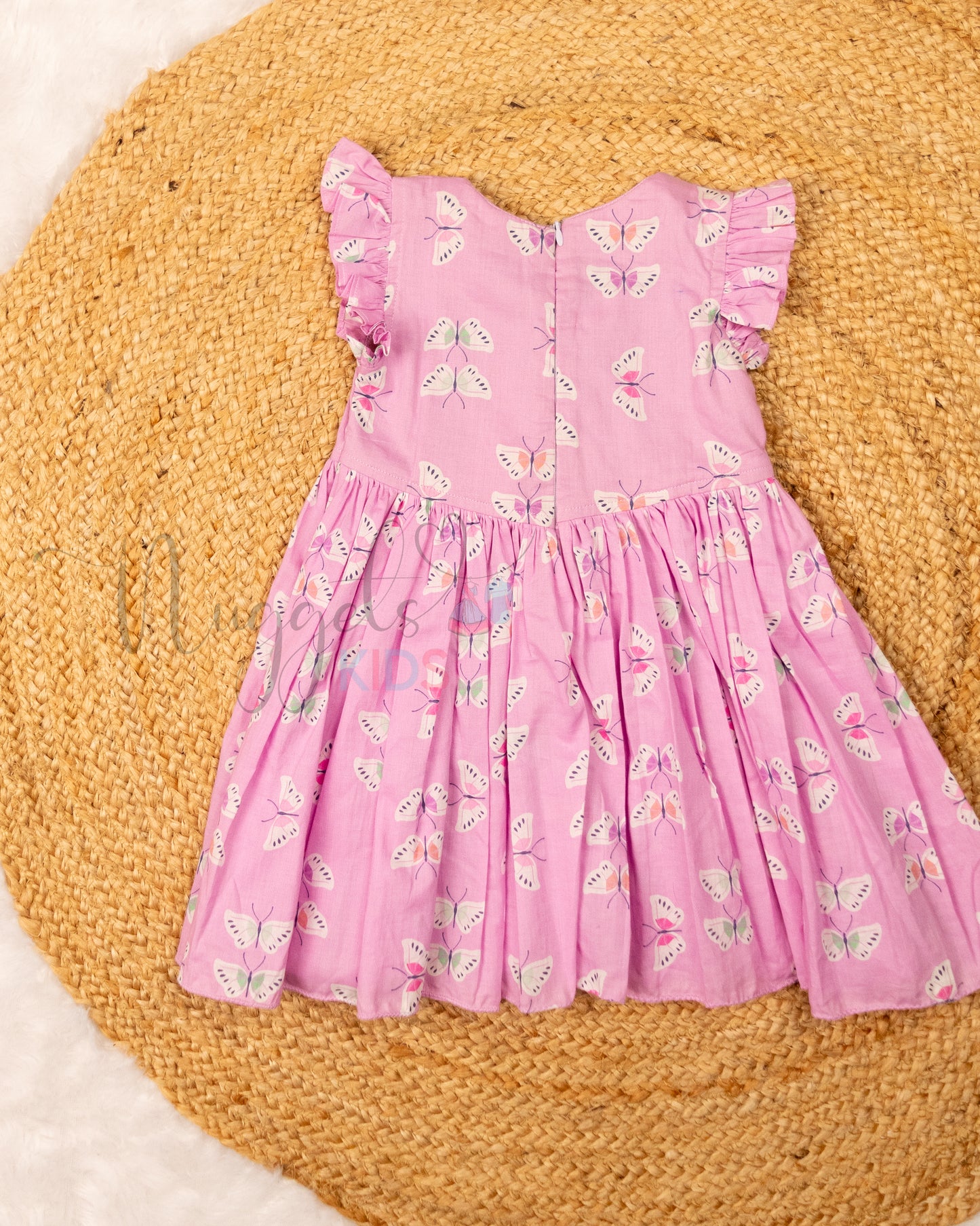 Ready to Ship: Butterfly Printed Baby Pink and Lavender Frock with V shaped yoke and Ruffle Sleeves