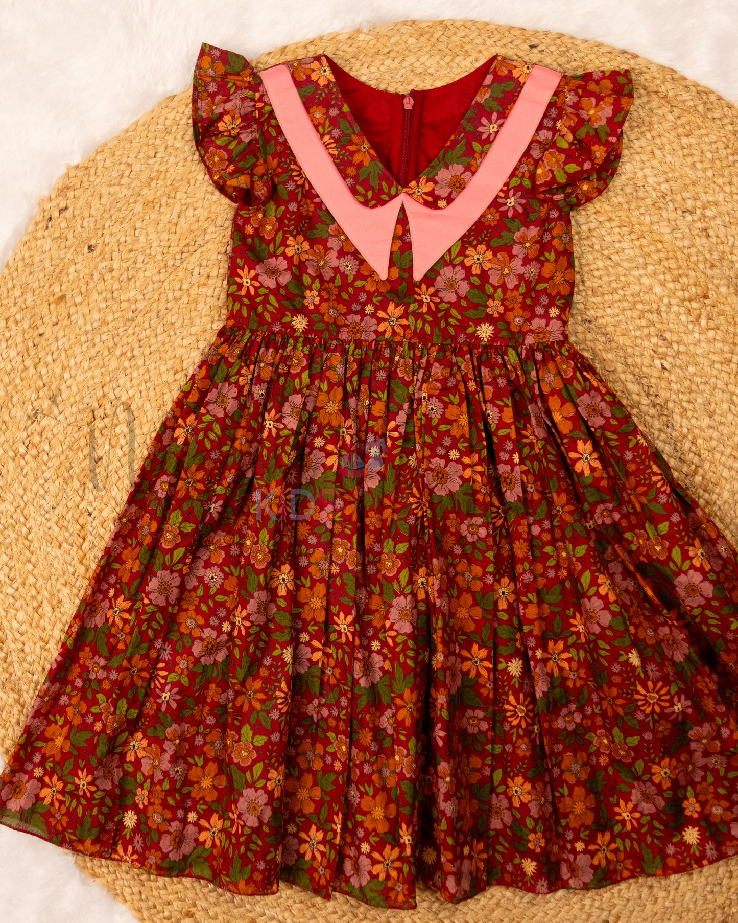 Ready to Ship: Red and Peach Double Collar Cotton Frock with Ruffle Sleeves