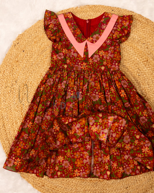 Ready to Ship: Red and Peach Double Collar Cotton Frock with Ruffle Sleeves