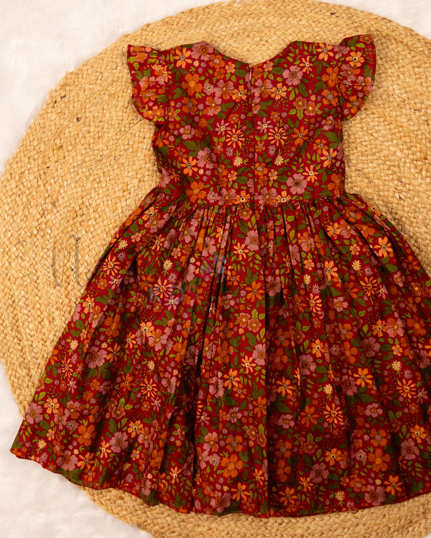 Ready to Ship: Red and Peach Double Collar Cotton Frock with Ruffle Sleeves