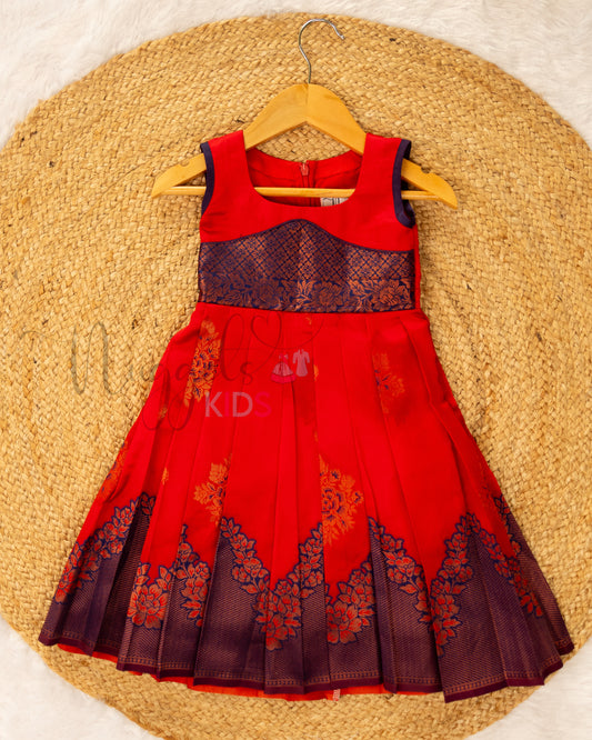 Ready to Ship: Red and Blue Semi Silk Sleeveless frock with patch work yoke