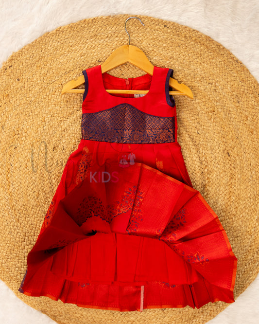 Ready to Ship: Red and Blue Semi Silk Sleeveless frock with patch work yoke