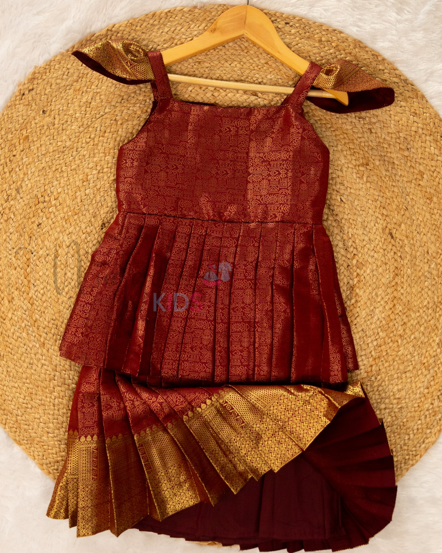 Ready to Ship: Maroon and Gold Two layered semi silk frock with all over Worli art zari weaving and Wing Sleeves