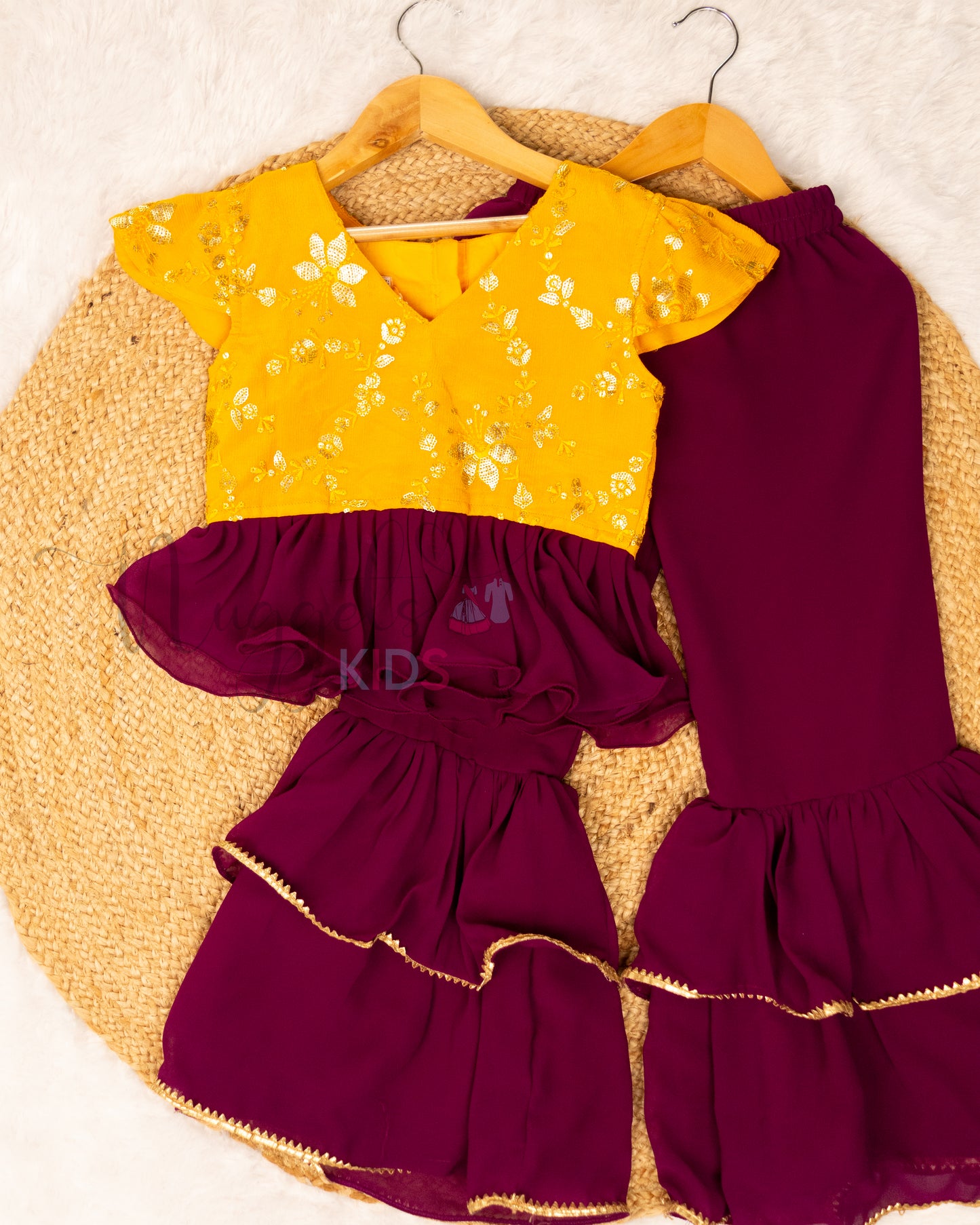 Ready to Ship: Yellow and Magenta Embroidered Sharara Set with Frill Detailing