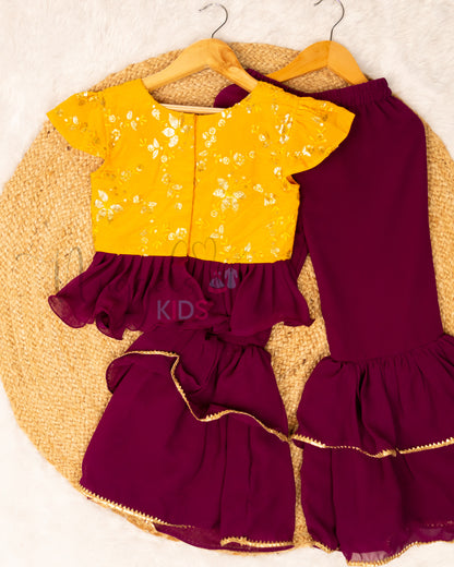 Ready to Ship: Yellow and Magenta Embroidered Sharara Set with Frill Detailing