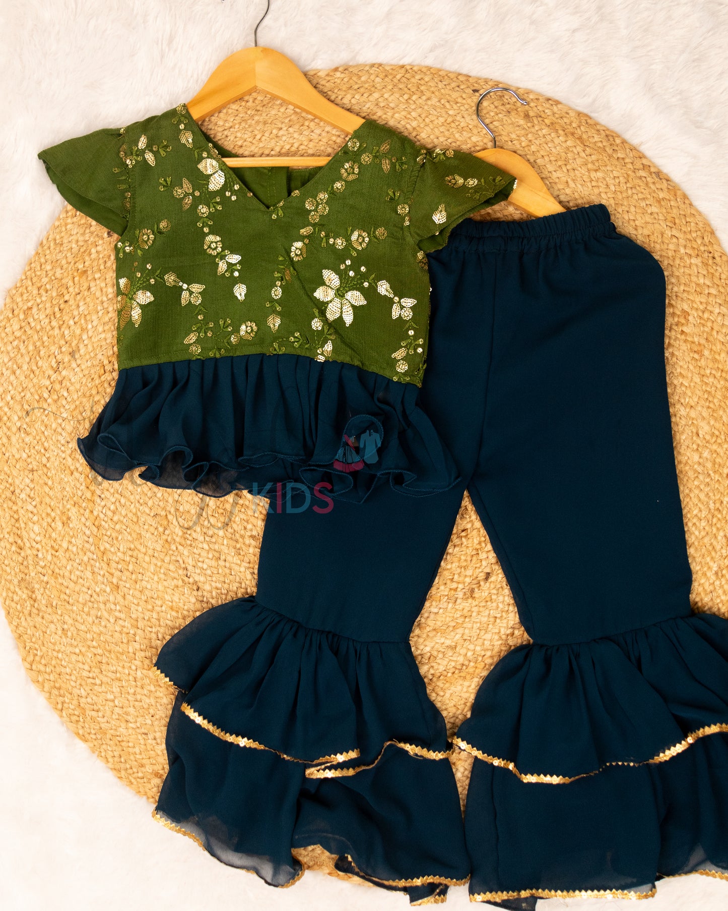 Ready to Ship: Green and Blue Embroidered Sharara Set with Frill Detailing