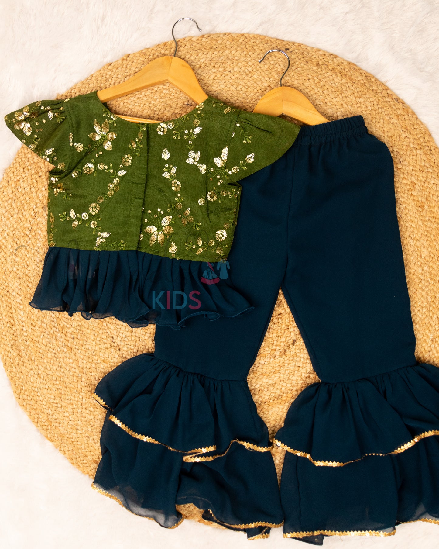 Ready to Ship: Green and Blue Embroidered Sharara Set with Frill Detailing