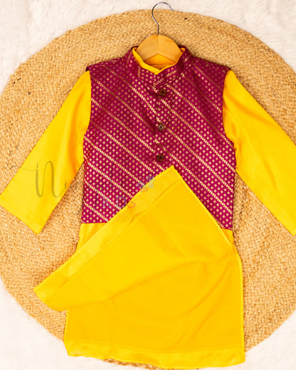 Ready to Ship: Raw Silk Kurta Set with Straight Pants and Violet Brocade Detachable Jacket