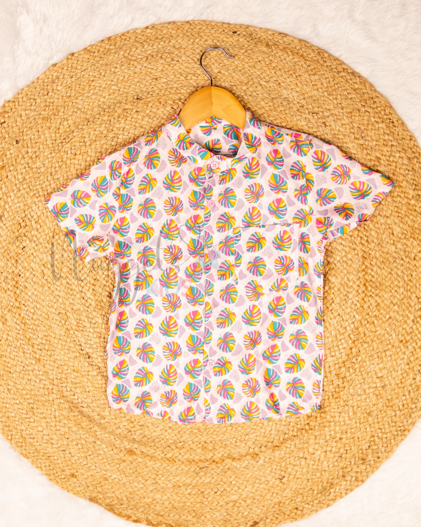 Ready to Ship: Colorful Leaves Printed Swiss Cotton Shirt with Front Pocket