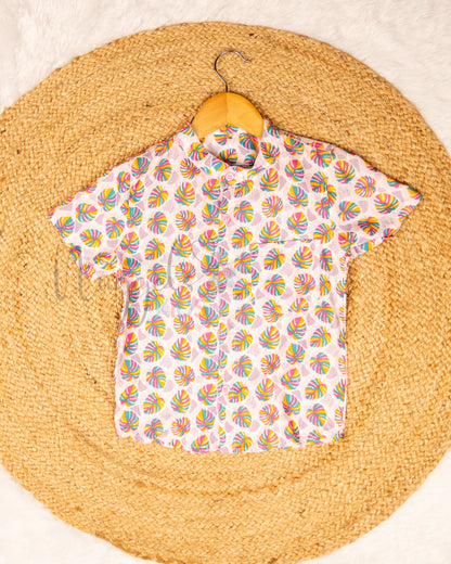 Ready to Ship: Colorful Leaves Printed Swiss Cotton Shirt with Front Pocket