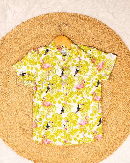 Ready to Ship: Flamingoes Printed Swiss Cotton Shirt with Front Pocket