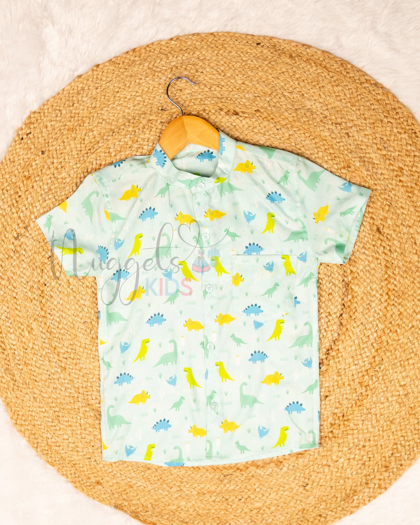 Ready to Ship: Pastel Dinos Printed Swiss Cotton Shirt with Front Pocket