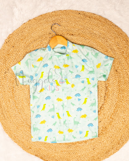 Ready to Ship: Pastel Dinos Printed Swiss Cotton Shirt with Front Pocket