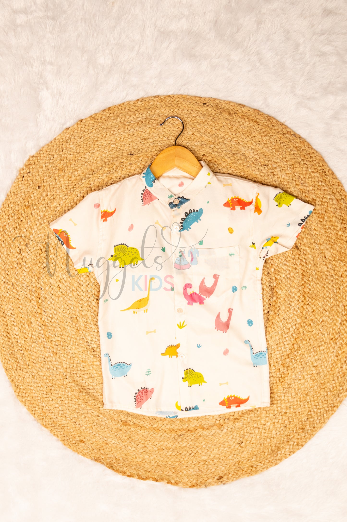 Ready to Ship: Colorful Dinos Printed Swiss Cotton Shirt with Front Pocket