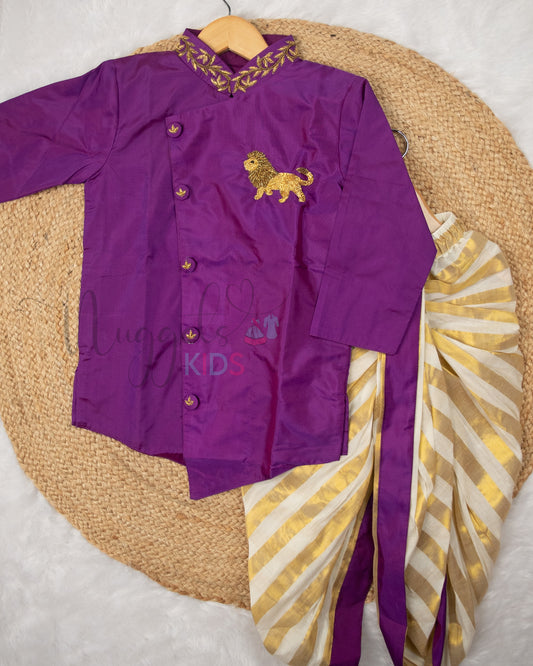 Ready to Ship: Violet Aari Worked Kurta with Striped Dhoti and matching taping border