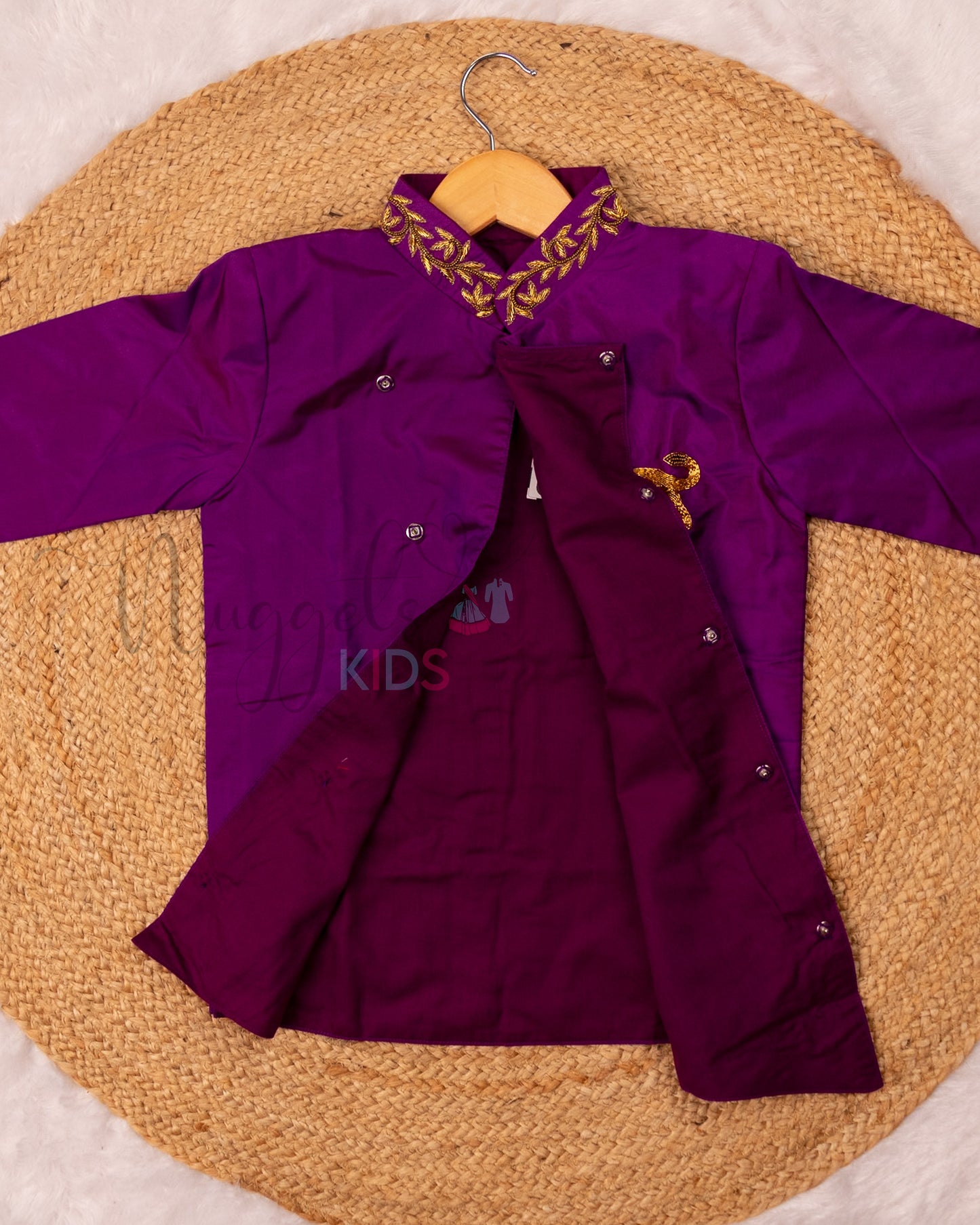 Ready to Ship: Violet Aari Worked Kurta with Striped Dhoti and matching taping border